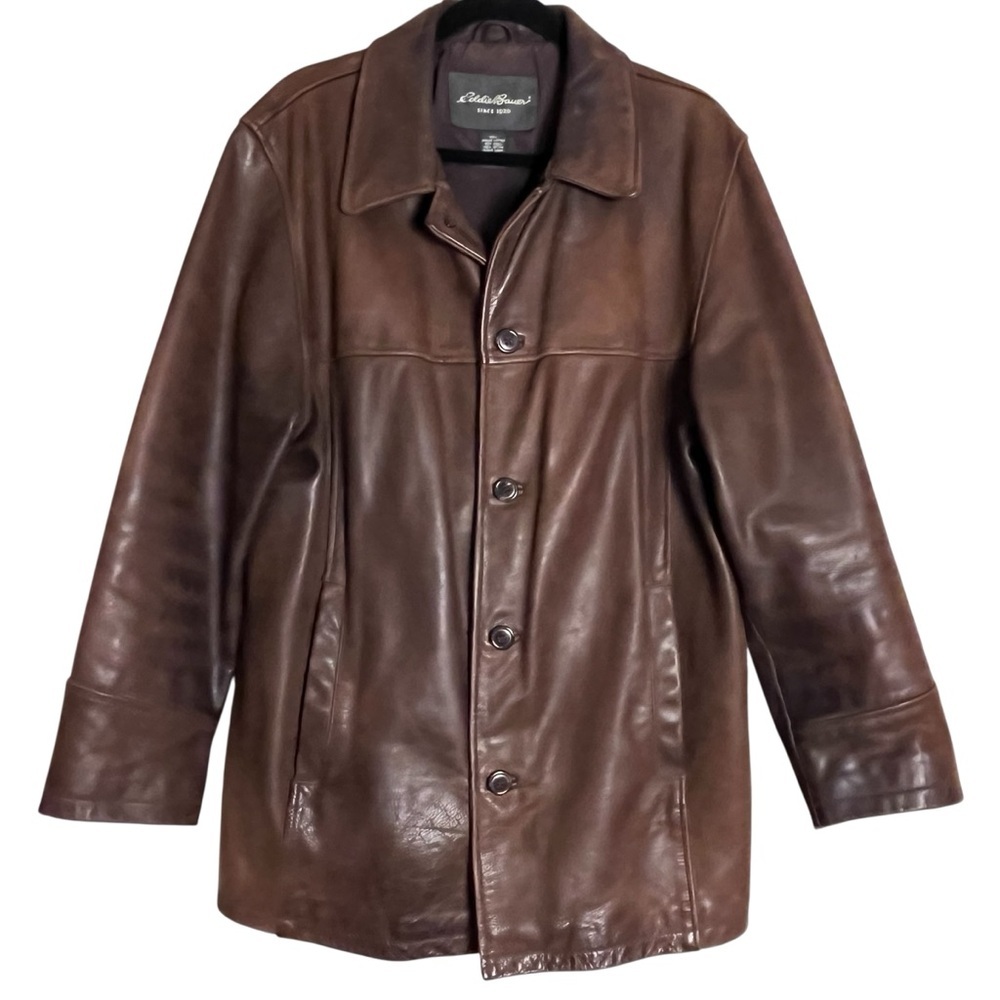 Vintage 90’s Eddie Bauer Men's Brown Oversized Leather Distressed Jacket — M - Picture 7 of 14